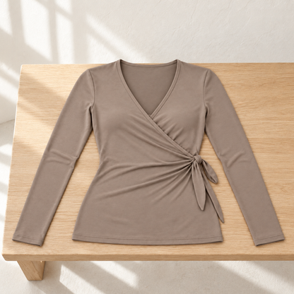 Headays Warm Taupe Long-Sleeve Wrap Lounge Top with Side Tie Detail