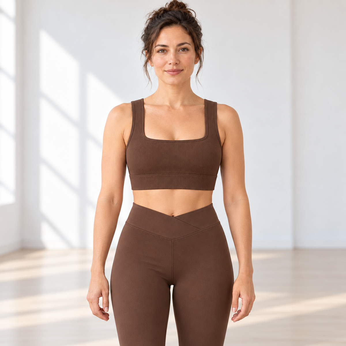 Headays Cocoa Brown Ribbed Longline Comfort Bralette with Square Neckline