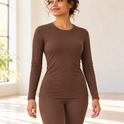 Headays Cocoa Brown Long-Sleeve Lounge Top with Crew Neckline
