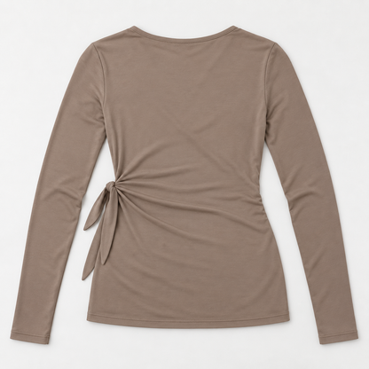 Headays Warm Taupe Long-Sleeve Wrap Lounge Top with Side Tie Detail