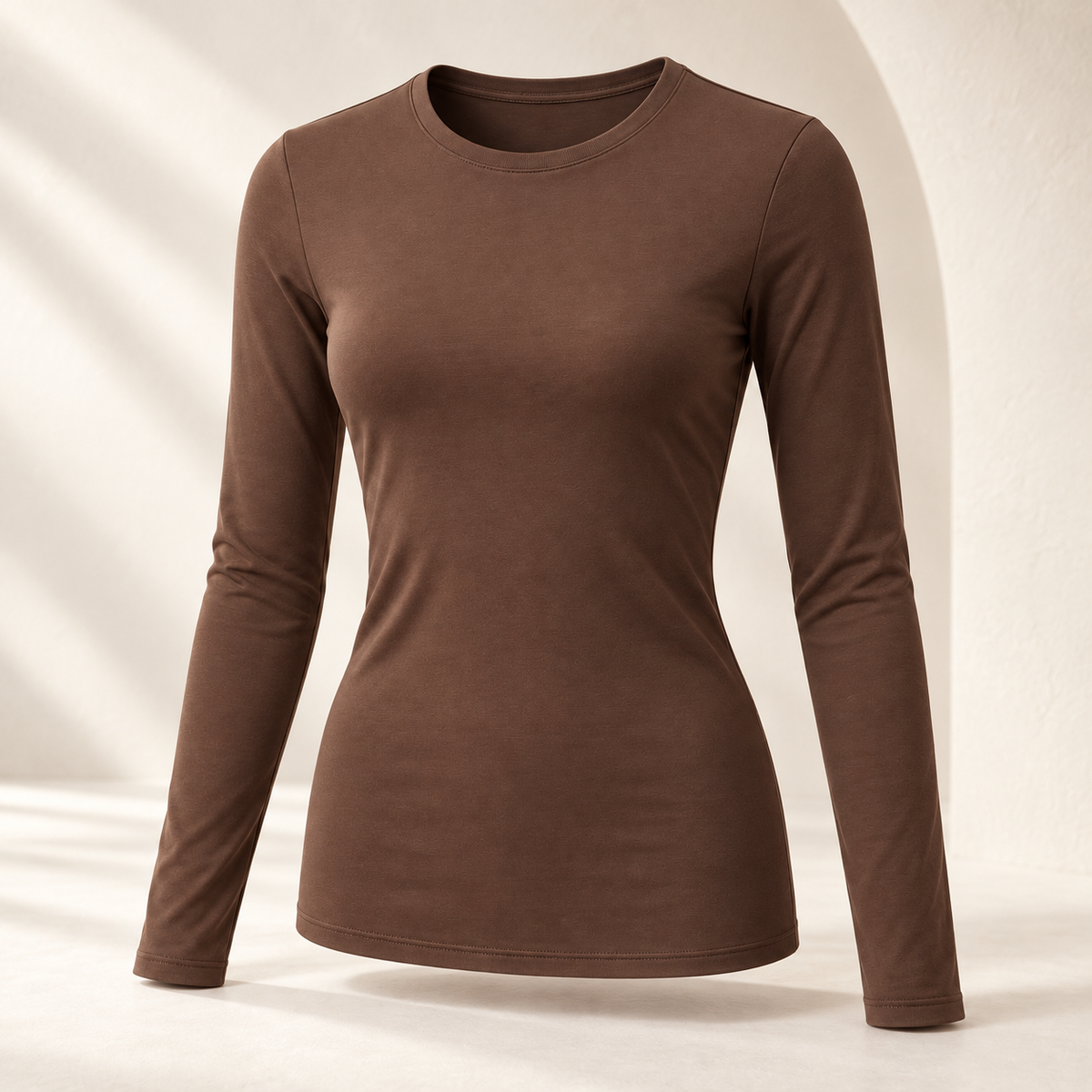 Headays Cocoa Brown Long-Sleeve Lounge Top with Crew Neckline