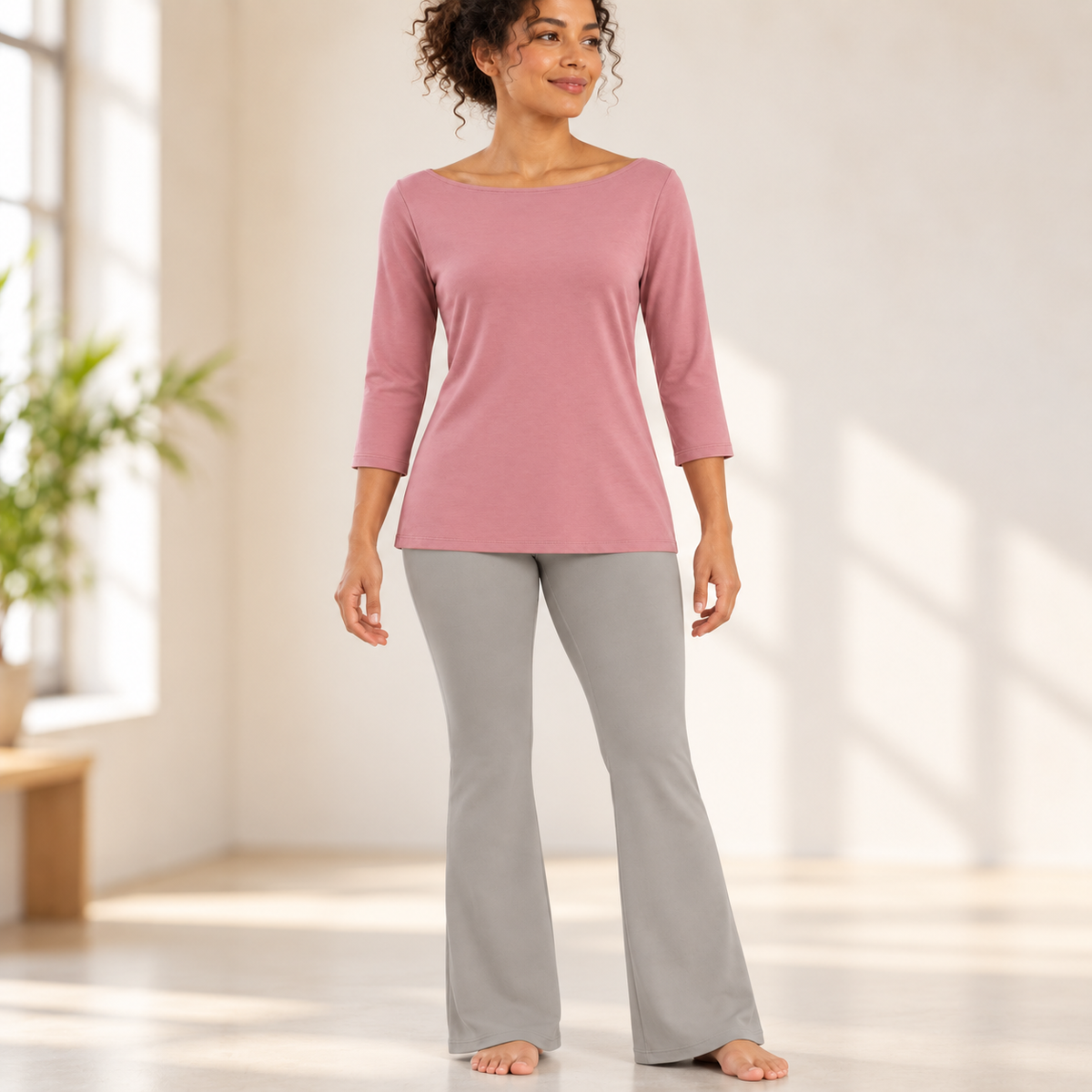 Headays Dusty Pink Three-Quarter Sleeve Lounge Top with Boat Neckline