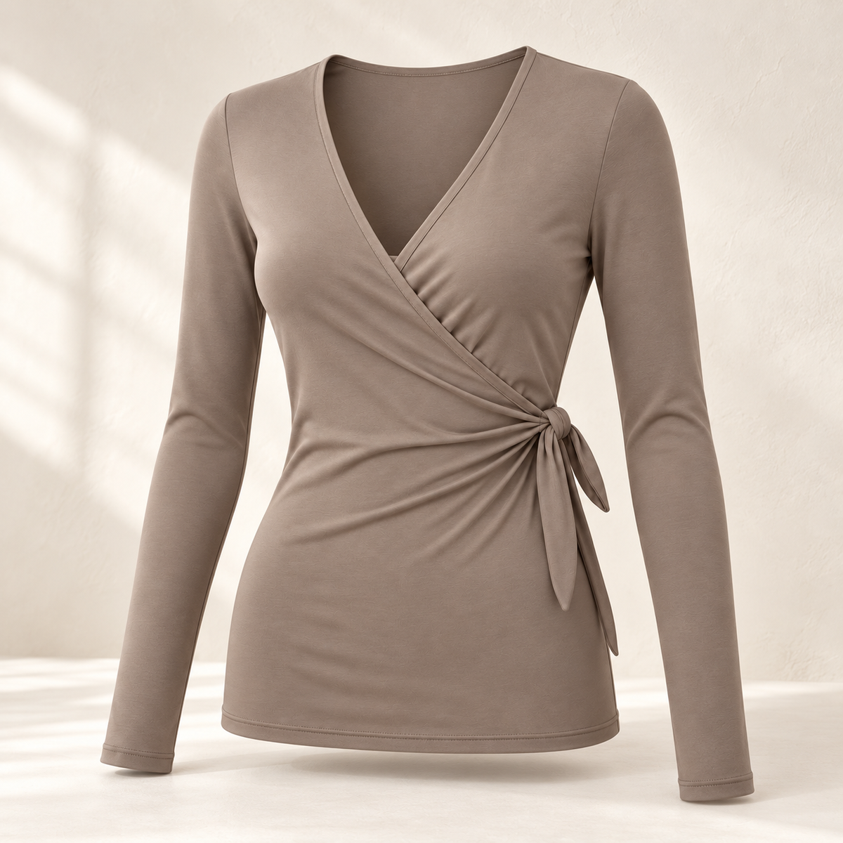 Headays Warm Taupe Long-Sleeve Wrap Lounge Top with Side Tie Detail