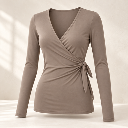 Headays Warm Taupe Long-Sleeve Wrap Lounge Top with Side Tie Detail