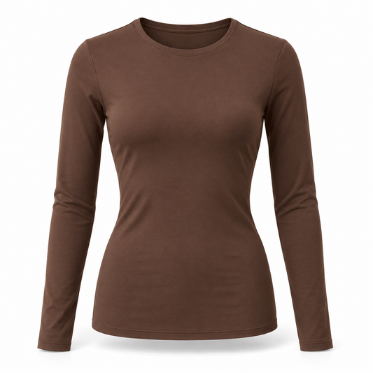 Headays Cocoa Brown Long-Sleeve Lounge Top with Crew Neckline