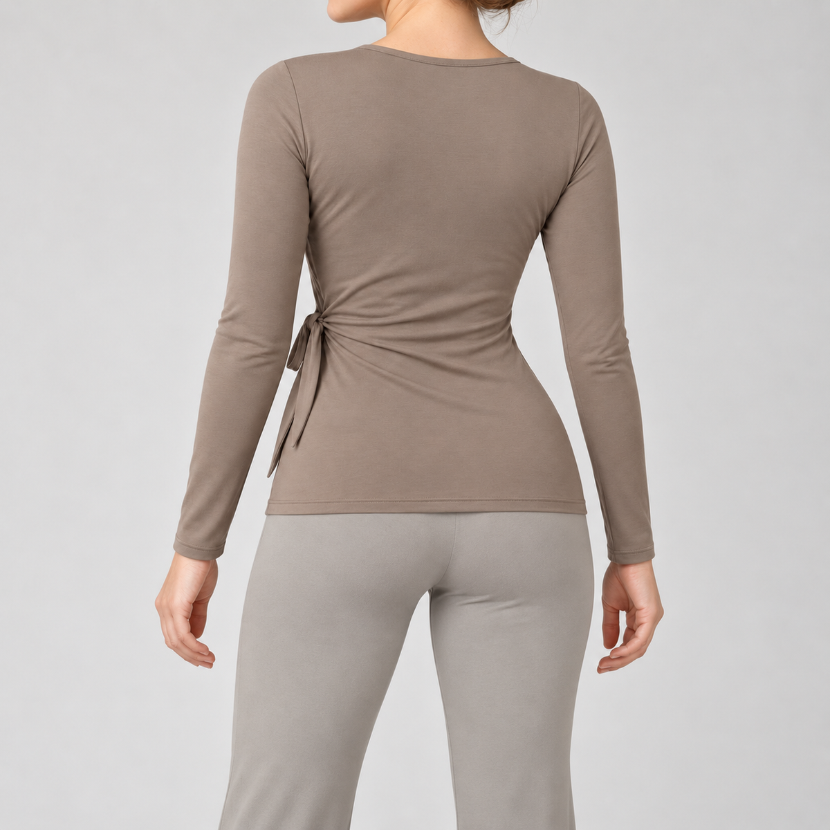 Headays Warm Taupe Long-Sleeve Wrap Lounge Top with Side Tie Detail