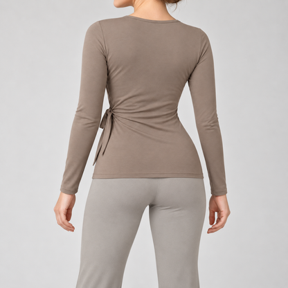 Headays Warm Taupe Long-Sleeve Wrap Lounge Top with Side Tie Detail