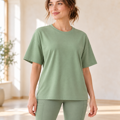 Headays Sage Green Relaxed Short-Sleeve Lounge Top with Crew Neckline