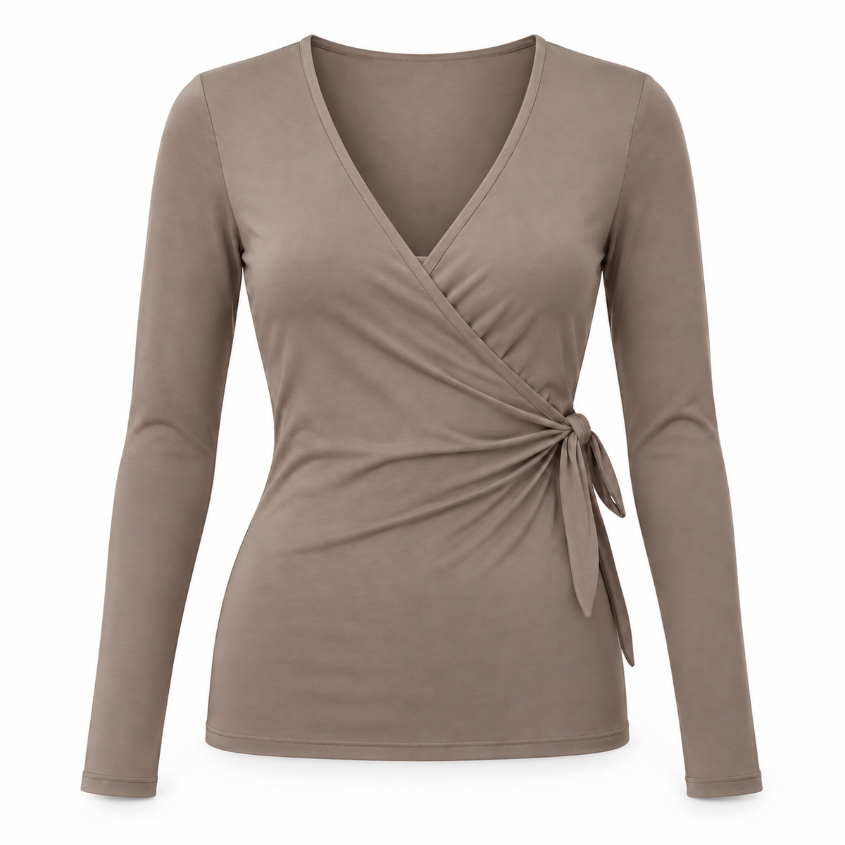 Headays Warm Taupe Long-Sleeve Wrap Lounge Top with Side Tie Detail