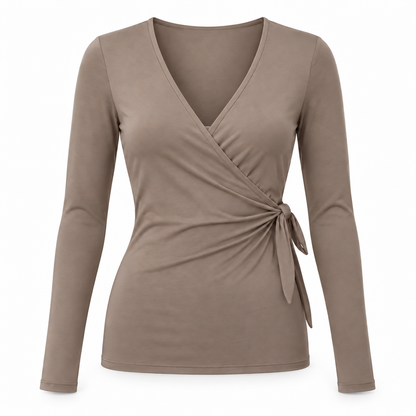 Headays Warm Taupe Long-Sleeve Wrap Lounge Top with Side Tie Detail