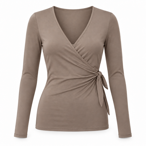Headays Warm Taupe Long-Sleeve Wrap Lounge Top with Side Tie Detail